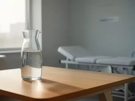 Ein minimalistischer, heller medizinischer Behandlungsraum mit einer Glaskaraffe mit Wasser auf einem Holztisch. - Foto: über boerse-global.de