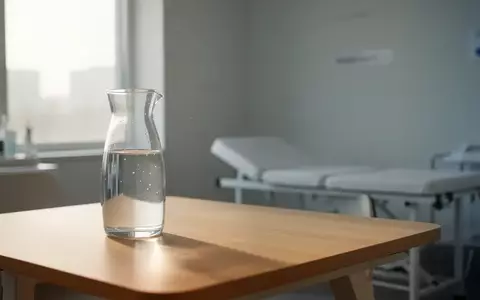 Ein minimalistischer, heller medizinischer Behandlungsraum mit einer Glaskaraffe mit Wasser auf einem Holztisch. - Foto: über boerse-global.de