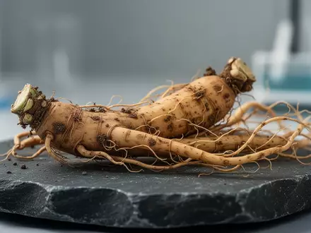 Ginsengwurzeln auf einer dunklen Steinoberfläche in einer hellen, wissenschaftlichen Laborumgebung - Foto: über boerse-global.de