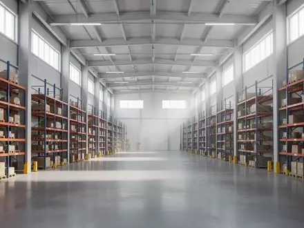 Leeres, modernes Logistikzentrum mit hohen Regalen und poliertem Betonboden in einer Industriehalle. - Foto: über boerse-global.de