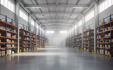 Leeres, modernes Logistikzentrum mit hohen Regalen und poliertem Betonboden in einer Industriehalle. - Foto: über boerse-global.de