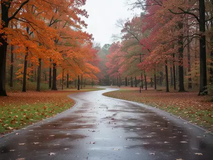 Ein geschwungener, herbstlicher Gehweg in einem öffentlichen Park mit buntem Laub und feuchtem Boden bei Tageslicht. - Foto: über boerse-global.de