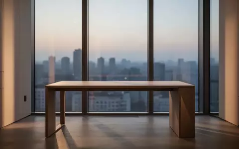 Ein minimalistischer, leerer Arbeitsplatz in einem modernen Bürogebäude bei Dämmerung mit Blick auf die Stadt. - Foto: über boerse-global.de