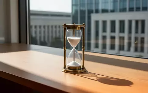 Eine Sanduhr auf einem Holztisch vor einem unscharfen Hintergrund eines modernen Verwaltungsgebäudes. - Foto: über boerse-global.de