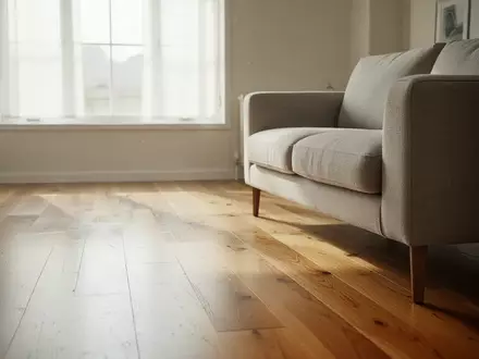 Ein helles, minimalistisch eingerichtetes Wohnzimmer mit sauberem Holzboden und einem modernen Sofa bei Tageslicht. - Foto: über boerse-global.de