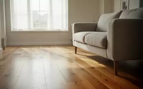 Ein helles, minimalistisch eingerichtetes Wohnzimmer mit sauberem Holzboden und einem modernen Sofa bei Tageslicht. - Foto: über boerse-global.de