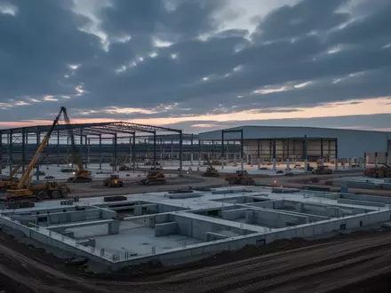 Eine weitläufige Baustelle für eine große Industrieanlage in der Dämmerung mit Stahlgerüsten und Fundamenten. - Foto: über boerse-global.de