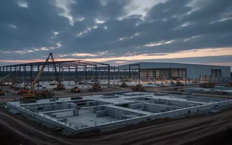 Eine weitläufige Baustelle für eine große Industrieanlage in der Dämmerung mit Stahlgerüsten und Fundamenten. - Foto: über boerse-global.de