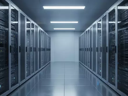 Ein moderner Serverraum mit blauer Beleuchtung und symmetrisch angeordneten Server-Racks in einer minimalistischen Umgebung. - Foto: über boerse-global.de