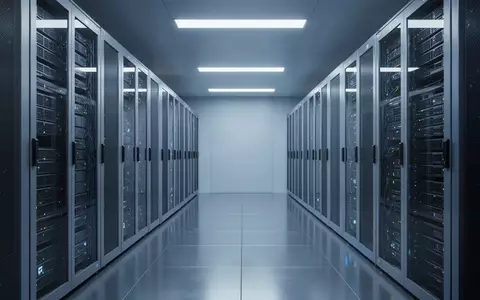 Ein moderner Serverraum mit blauer Beleuchtung und symmetrisch angeordneten Server-Racks in einer minimalistischen Umgebung. - Foto: über boerse-global.de