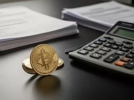 Eine physische Bitcoin-Münze liegt neben einem Taschenrechner und Steuerunterlagen auf einem Schreibtisch. - Foto: über boerse-global.de