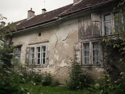 Nahaufnahme einer sanierungsbedürftigen Hausfassade mit alter Bausubstanz und verwildertem Vorgarten bei Tageslicht. - Foto: über boerse-global.de