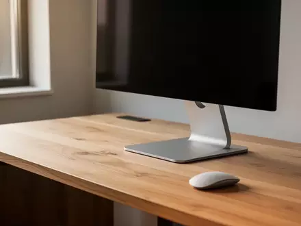 Ein minimalistischer, aufgeräumter Schreibtisch mit einem leeren Monitorständer und einer Maus in hellem, natürlichem Tageslicht. - Foto: über boerse-global.de