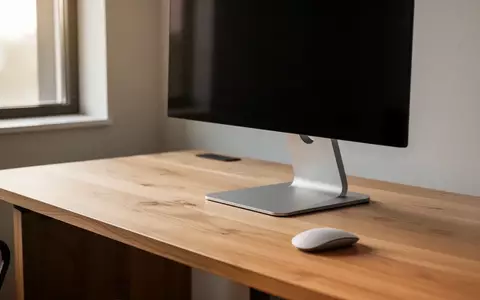Ein minimalistischer, aufgeräumter Schreibtisch mit einem leeren Monitorständer und einer Maus in hellem, natürlichem Tageslicht. - Foto: über boerse-global.de