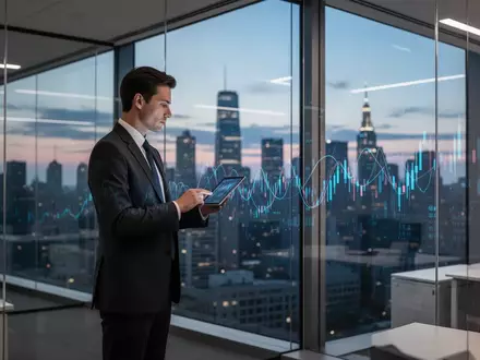 Ein Finanzanalyst betrachtet auf einem Tablet digitale Daten in einem modernen Büro mit Blick auf die Skyline bei Dämmerung. - Foto: über boerse-global.de