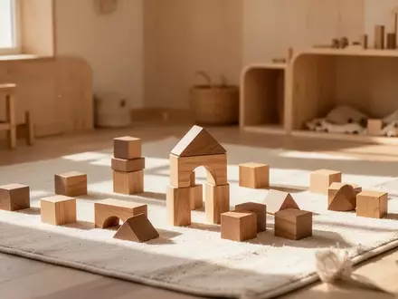Ein sonnendurchflutetes, minimalistisches Spielzimmer mit hölzernen Bausteinen auf einem Teppich. - Foto: über boerse-global.de