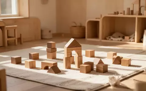 Ein sonnendurchflutetes, minimalistisches Spielzimmer mit hölzernen Bausteinen auf einem Teppich. - Foto: über boerse-global.de