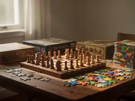 Ein hölzerner Tisch mit verschiedenen Brettspielen, Puzzleteilen und einem Schachspiel in hellem, natürlichem Licht. - Foto: über boerse-global.de