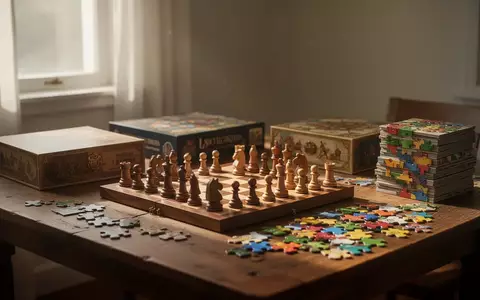 Ein hölzerner Tisch mit verschiedenen Brettspielen, Puzzleteilen und einem Schachspiel in hellem, natürlichem Licht. - Foto: über boerse-global.de