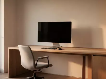 Ein minimalistisch eingerichteter, moderner Arbeitsplatz mit einem leeren, dunklen Monitor auf einem Holztisch. - Foto: über boerse-global.de