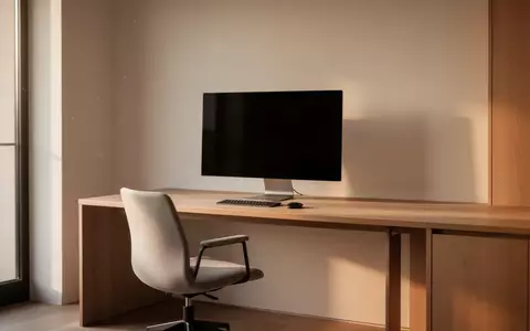 Ein minimalistisch eingerichteter, moderner Arbeitsplatz mit einem leeren, dunklen Monitor auf einem Holztisch. - Foto: über boerse-global.de