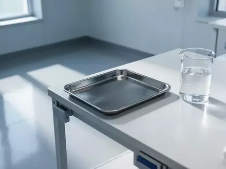 Ein steriler, minimalistischer Untersuchungsraum mit einem Edelstahltablett und einem Glasbecher auf einer klinischen Ablage. - Foto: über boerse-global.de