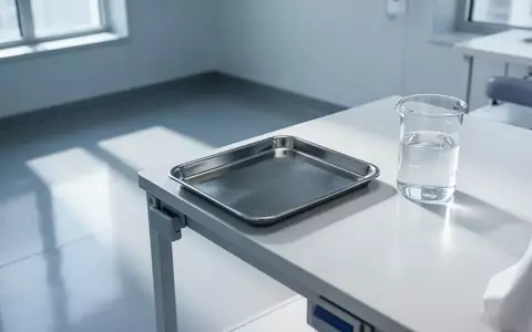 Ein steriler, minimalistischer Untersuchungsraum mit einem Edelstahltablett und einem Glasbecher auf einer klinischen Ablage. - Foto: über boerse-global.de