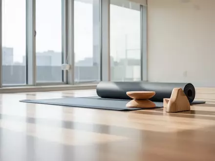 Ein heller, minimalistisch eingerichteter Bewegungsraum mit einer zusammengerollten Sportmatte und Holzblöcken auf einem Holzboden. - Foto: über boerse-global.de