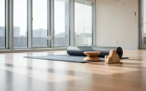 Ein heller, minimalistisch eingerichteter Bewegungsraum mit einer zusammengerollten Sportmatte und Holzblöcken auf einem Holzboden. - Foto: über boerse-global.de