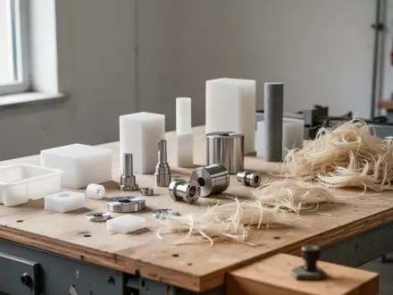 Ein sauberer Arbeitstisch mit recycelten Materialien wie Kunststoffgranulat und Zellulosefasern in einem hellen Atelier. - Foto: über boerse-global.de