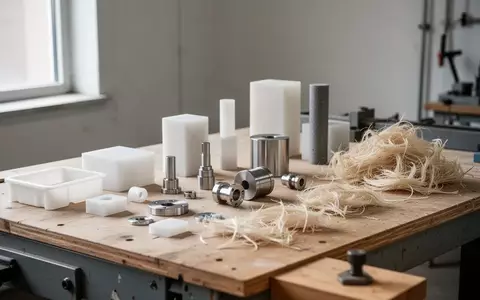 Ein sauberer Arbeitstisch mit recycelten Materialien wie Kunststoffgranulat und Zellulosefasern in einem hellen Atelier. - Foto: über boerse-global.de