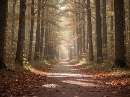 Ein ruhiger, sonnendurchfluteter Waldweg im Herbst, der für Genesung und Erholung steht. - Foto: über boerse-global.de