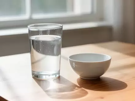 Ein Glas Wasser und eine leere Keramikschale auf einem Holztisch in hellem Tageslicht. - Foto: über boerse-global.de