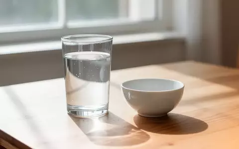 Ein Glas Wasser und eine leere Keramikschale auf einem Holztisch in hellem Tageslicht. - Foto: über boerse-global.de