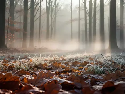 Herbstliche Waldlandschaft mit Raureif auf gefallenen Blättern und leichtem Nebel am Boden. - Foto: über boerse-global.de