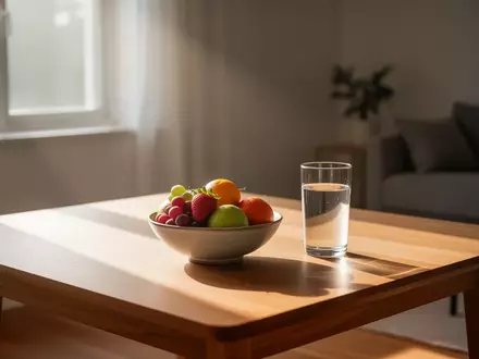 Ein minimalistischer Tisch bei Morgenlicht mit einer Schale frischem Obst und einem Glas Wasser in einem ruhigen Raum. - Foto: über boerse-global.de