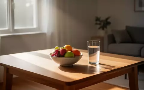 Ein minimalistischer Tisch bei Morgenlicht mit einer Schale frischem Obst und einem Glas Wasser in einem ruhigen Raum. - Foto: ĂŒber boerse-global.de