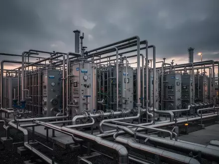 Moderne industrielle Wasserstoffproduktionsanlage bei Dämmerung mit technischer Ausrüstung und Rohrleitungen. - Foto: über boerse-global.de