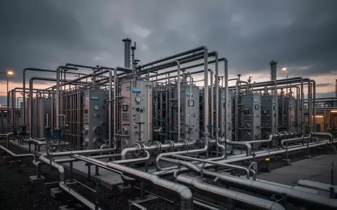 Moderne industrielle Wasserstoffproduktionsanlage bei Dämmerung mit technischer Ausrüstung und Rohrleitungen. - Foto: über boerse-global.de