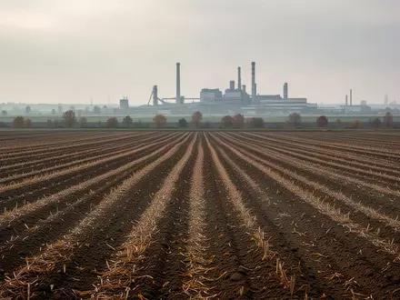 Ein weites, abgeerntetes Feld im Marchfeld mit einem im Hintergrund sichtbaren, stillgelegten Industriebetrieb. - Foto: über boerse-global.de