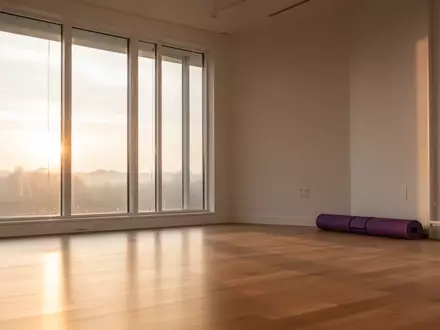 Ein heller, leerer Yogaraum in den frühen Morgenstunden mit sanftem Licht und einer zusammengerollten Matte auf einem Holzboden. - Foto: über boerse-global.de
