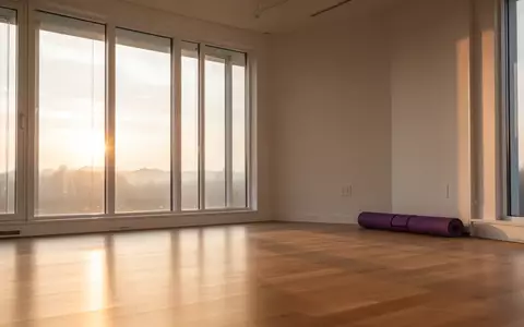 Ein heller, leerer Yogaraum in den frühen Morgenstunden mit sanftem Licht und einer zusammengerollten Matte auf einem Holzboden. - Foto: über boerse-global.de