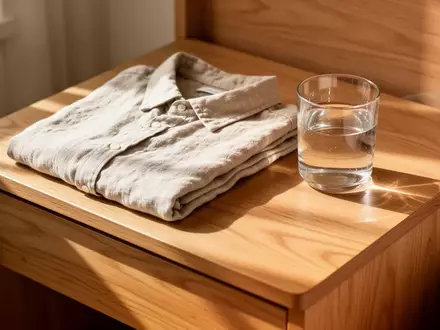 Ein minimalistischer Nachttisch aus Holz bei natürlichem Morgenlicht mit einem gefalteten Hemd und einem Glas Wasser. - Foto: über boerse-global.de