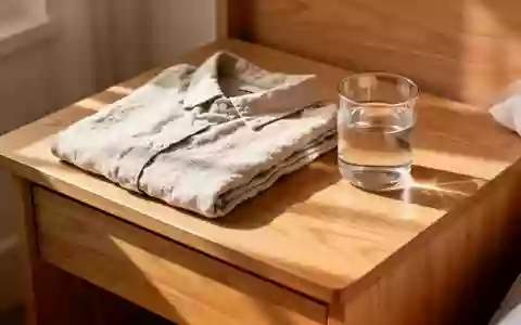 Ein minimalistischer Nachttisch aus Holz bei natürlichem Morgenlicht mit einem gefalteten Hemd und einem Glas Wasser. - Foto: über boerse-global.de