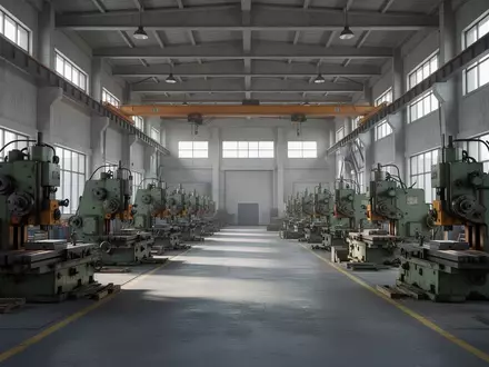 Leere, moderne Industriehalle mit schweren Fertigungsmaschinen in einer hellen, weitläufigen Fabrikumgebung. - Foto: über boerse-global.de