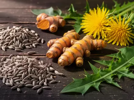Naturbelassene pflanzliche Inhaltsstoffe wie Mariendistelsamen und Kurkuma auf einer dunklen Holzoberfläche. - Foto: über boerse-global.de