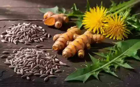Naturbelassene pflanzliche Inhaltsstoffe wie Mariendistelsamen und Kurkuma auf einer dunklen Holzoberfläche. - Foto: über boerse-global.de