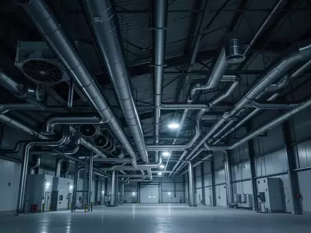 Industrielle Kühlsysteme mit Rohrleitungen und Lüftungsschächten in einer weitläufigen Lagerhalle bei Nacht. - Foto: über boerse-global.de