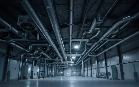 Industrielle Kühlsysteme mit Rohrleitungen und Lüftungsschächten in einer weitläufigen Lagerhalle bei Nacht. - Foto: über boerse-global.de