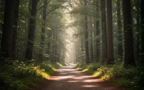 Ein sonnendurchfluteter Waldpfad, der sanft durch eine grüne Baumlandschaft führt. - Foto: über boerse-global.de